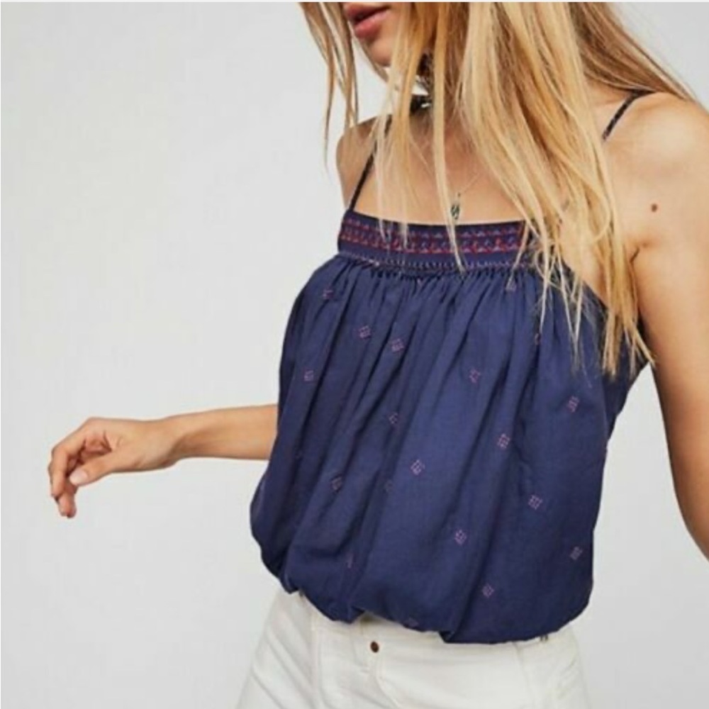 Free People Eternal Love Embroidered Tank Top Blue Small